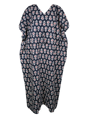 Women, Denim Blue, White Floral Beach Kaftan Dress Stylish Long Summer Caftan, One size